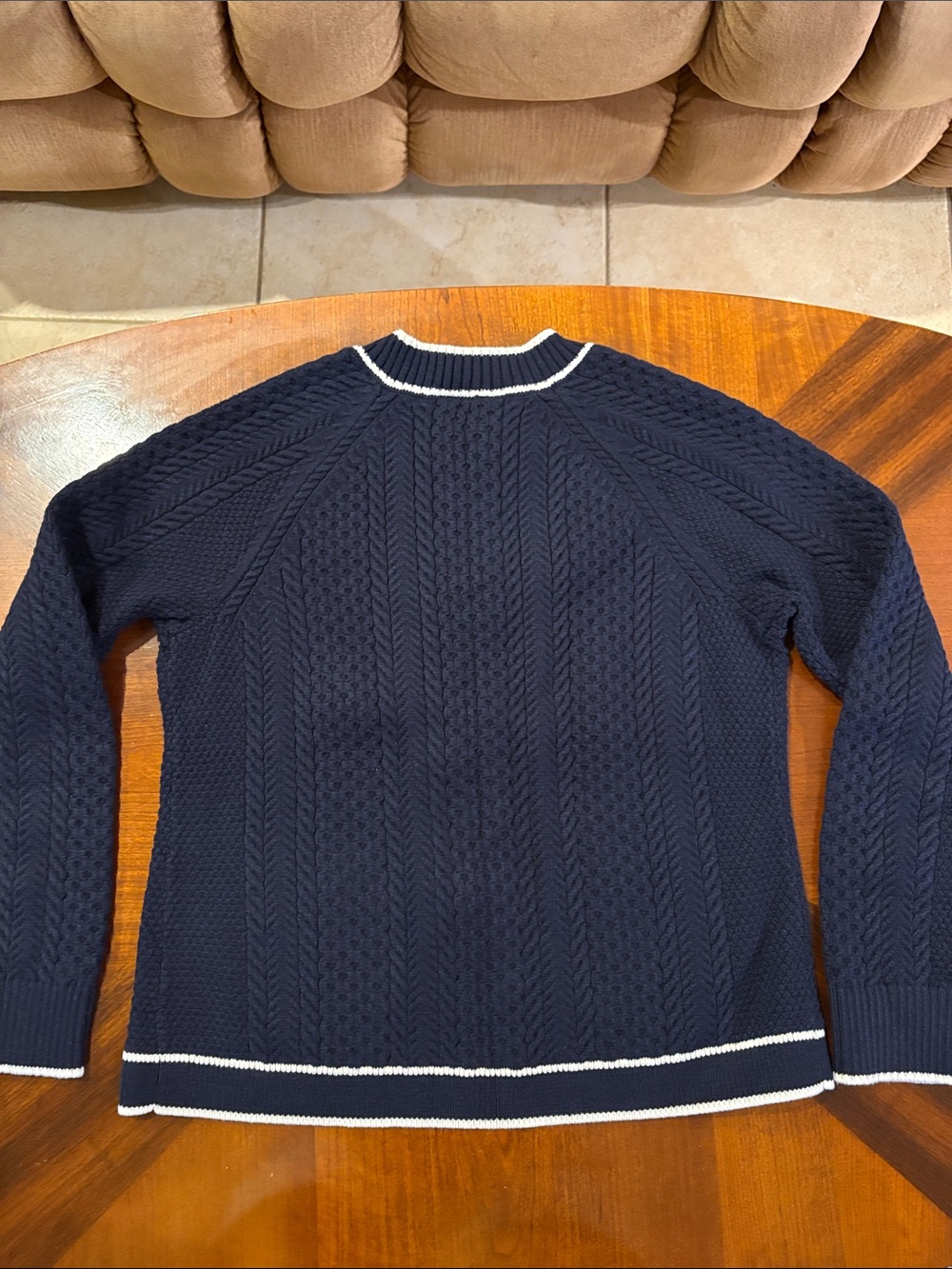 Talbots Women’s Navy Cable Knit Cutaway Cardigan with White Trim - Picture 7 of 9